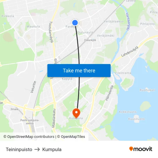 Teininpuisto to Kumpula map