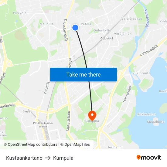 Kustaankartano to Kumpula map