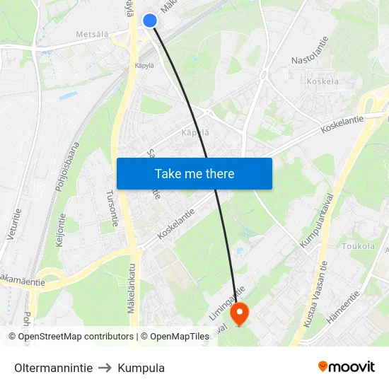 Oltermannintie to Kumpula map