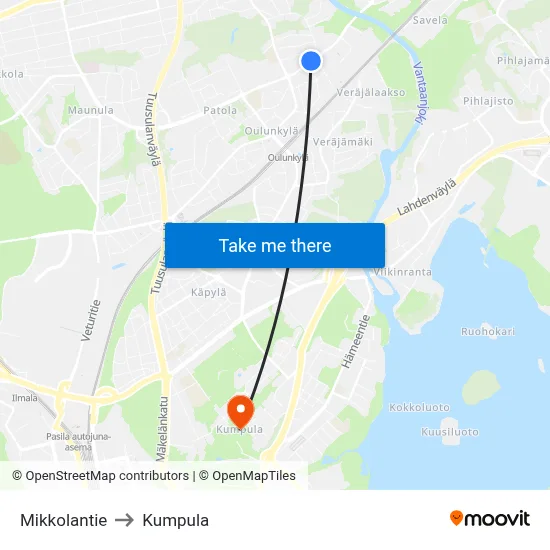 Mikkolantie to Kumpula map
