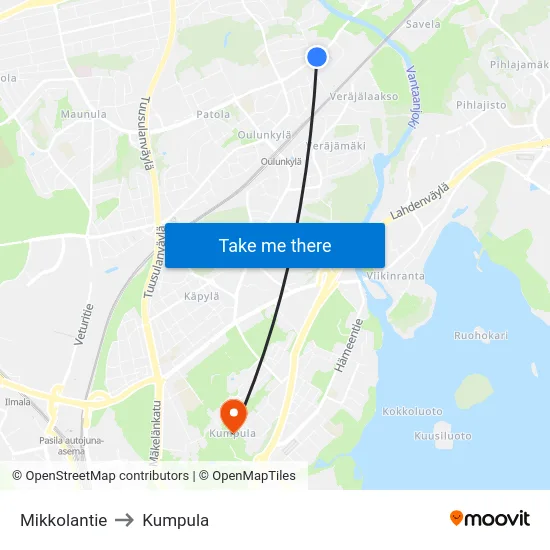 Mikkolantie to Kumpula map