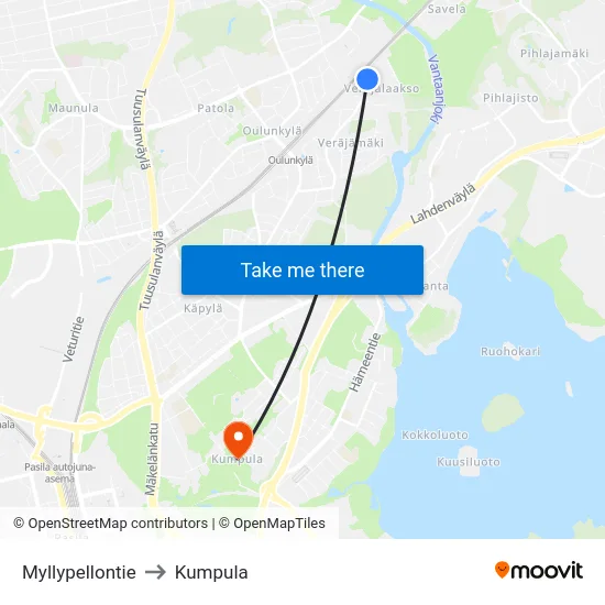 Myllypellontie to Kumpula map