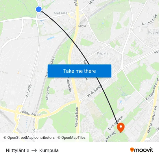 Niittyläntie to Kumpula map