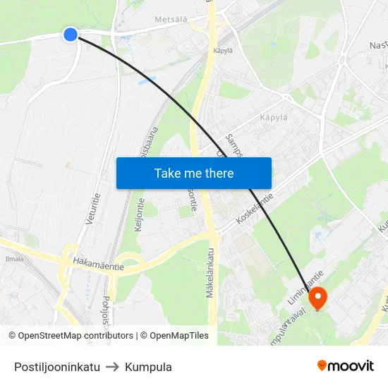 Postiljooninkatu to Kumpula map