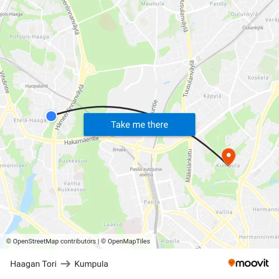 Haagan Tori to Kumpula map