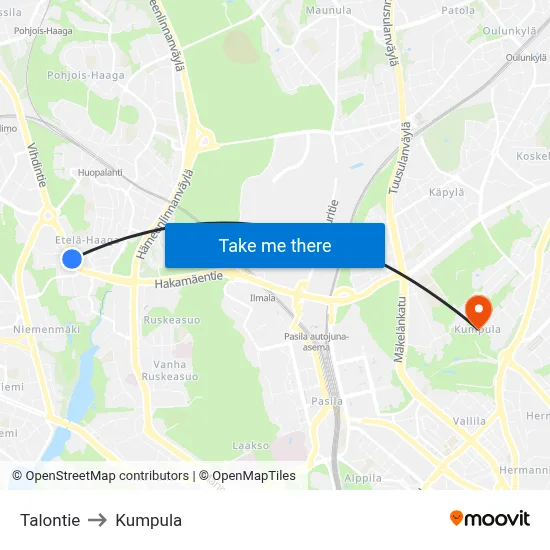 Talontie to Kumpula map