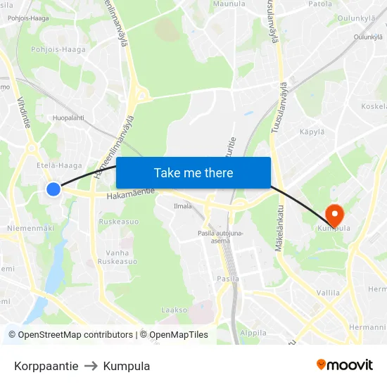 Korppaantie to Kumpula map