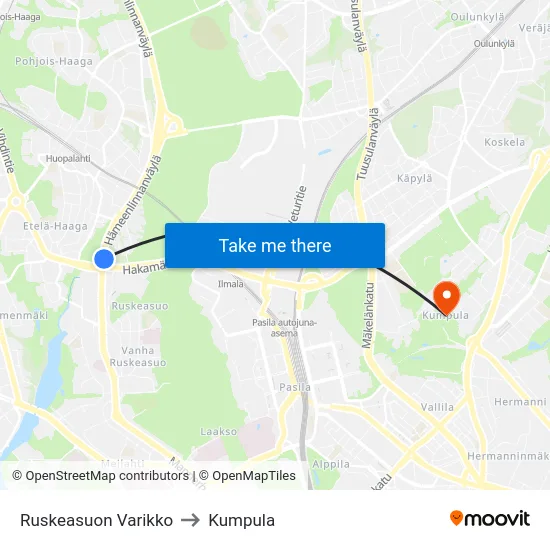 Ruskeasuon Varikko to Kumpula map