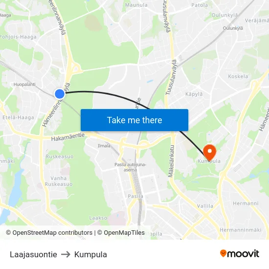 Laajasuontie to Kumpula map