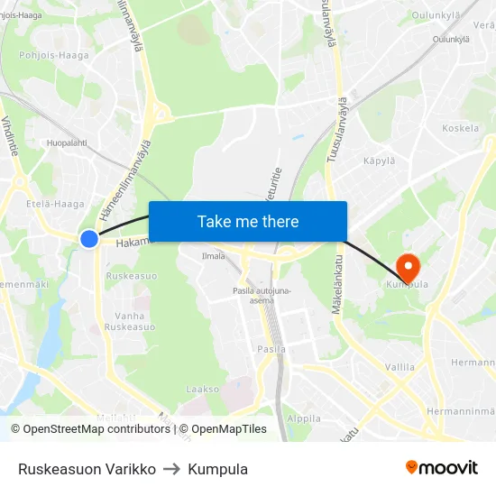 Ruskeasuon Varikko to Kumpula map