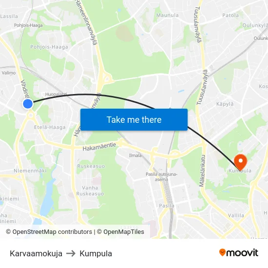 Karvaamokuja to Kumpula map