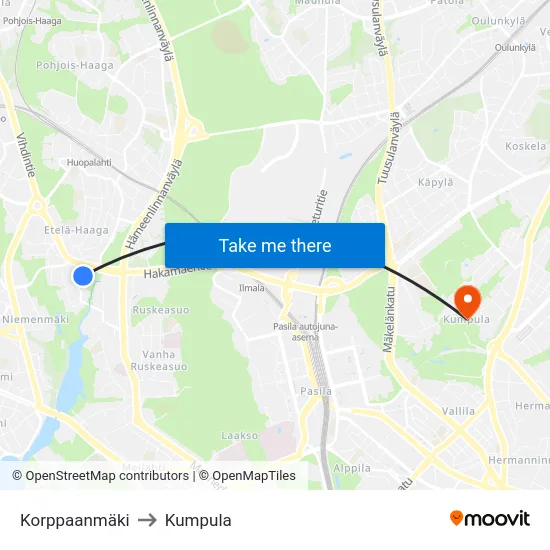 Korppaanmäki to Kumpula map