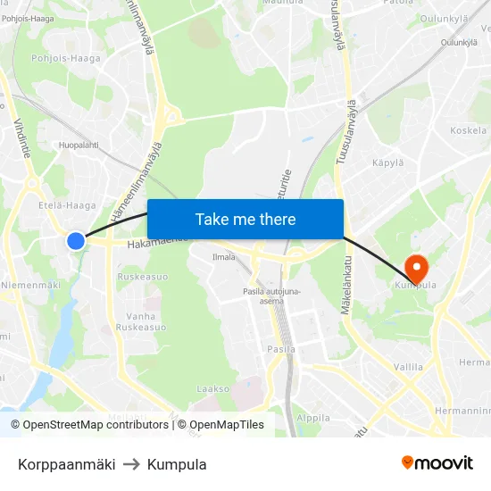 Korppaa Hill to Kumpula map