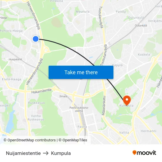 Nuijamiestentie to Kumpula map