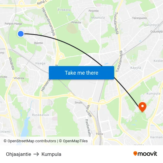 Ohjaajantie to Kumpula map
