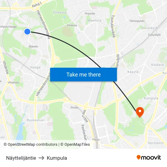 Nayttelijantie to Kumpula map