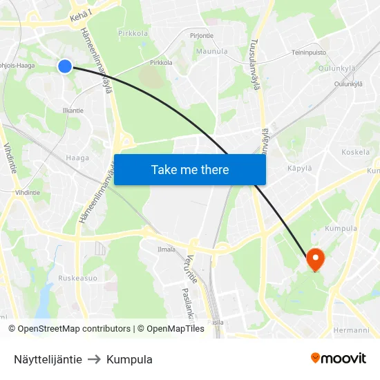 Nayttelijantie to Kumpula map