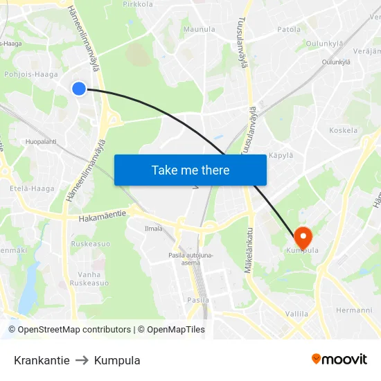 Krankantie to Kumpula map