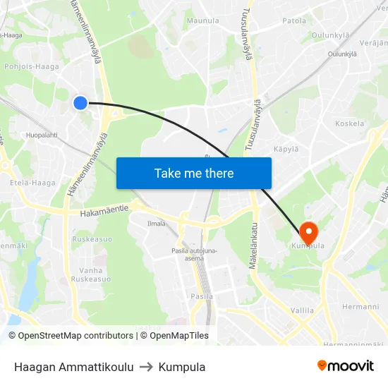 Haaga Vocational School to Kumpula map