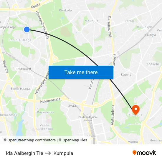 Ida Aalberg Road to Kumpula map