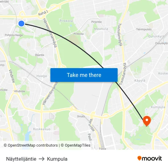 Nayttelijantie to Kumpula map