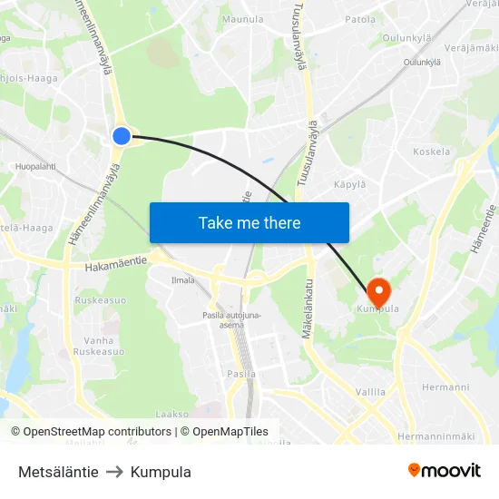 Metsäläntie to Kumpula map