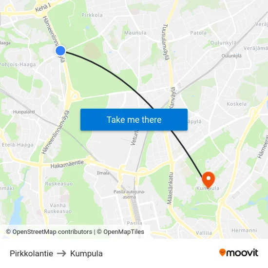 Pirkkolantie to Kumpula map