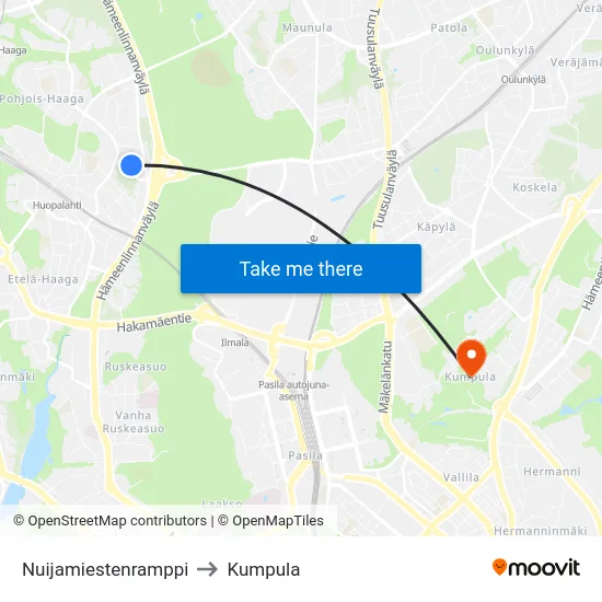 Nuijamiestenramppi to Kumpula map