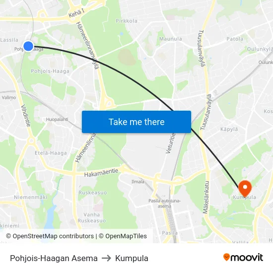 Pohjois-Haagan Asema to Kumpula map