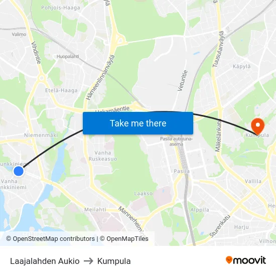 Laajalahden Aukio to Kumpula map