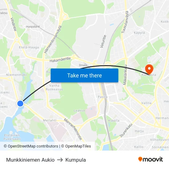 Munkkiniemen Aukio to Kumpula map