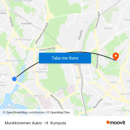 Munkkiniemen Aukio to Kumpula map
