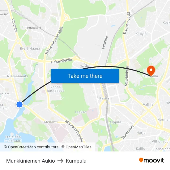 Munkkiniemen Aukio to Kumpula map