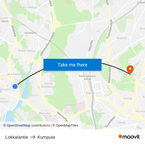 Lokkalantie to Kumpula map