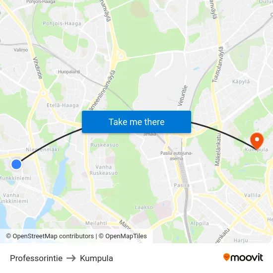 Professorintie to Kumpula map