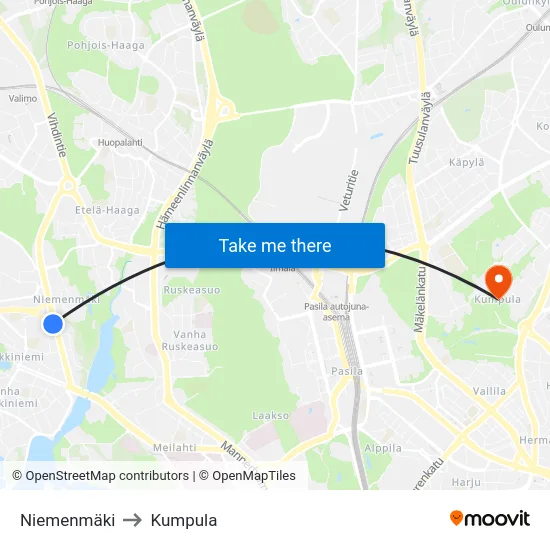 Niemenmäki to Kumpula map
