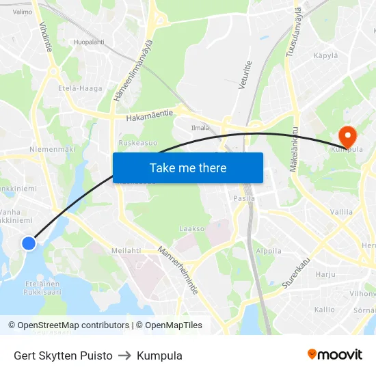 Gert Skytten Puisto to Kumpula map
