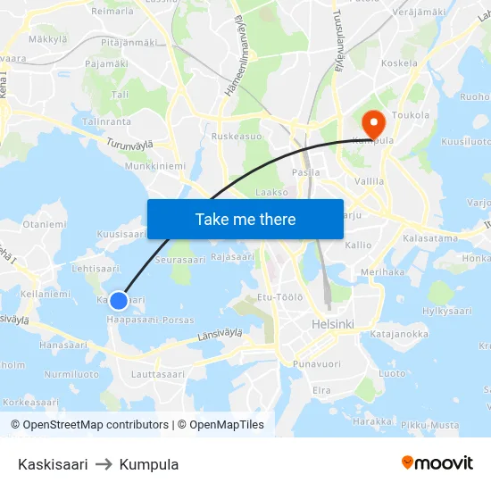 Kaskisaari to Kumpula map