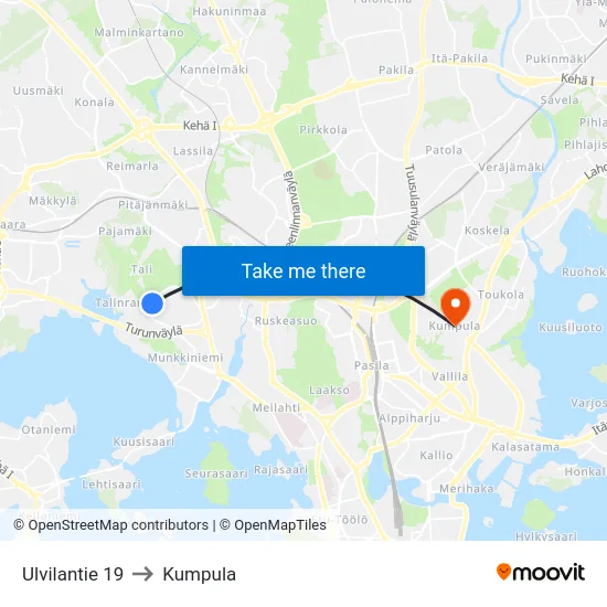 Ulvilantie 19 to Kumpula map
