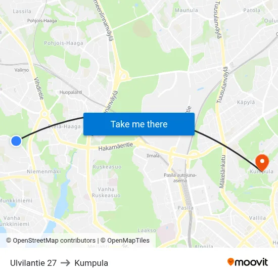 Ulvilantie 27 to Kumpula map