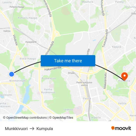 Munkkivuori to Kumpula map