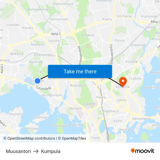 Muusantori to Kumpula map