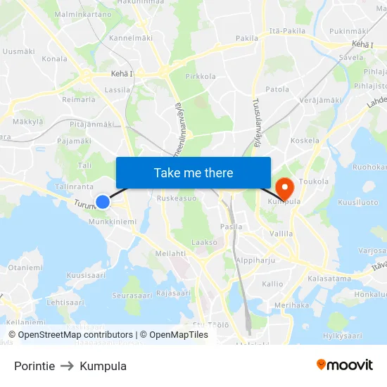 Porintie to Kumpula map