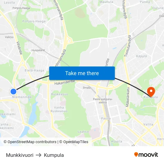 Munkkivuori to Kumpula map