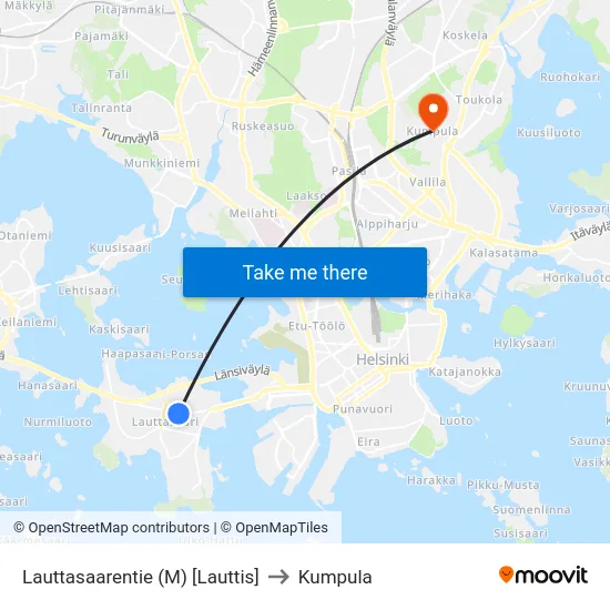 Lauttasaarentie (M) [Lauttis] to Kumpula map