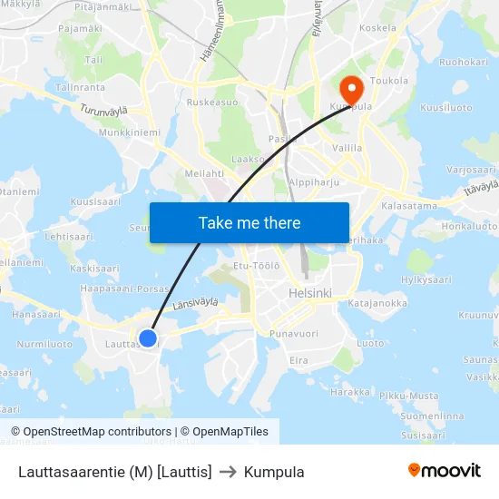 Lauttasaarentie (M) [Lauttis] to Kumpula map