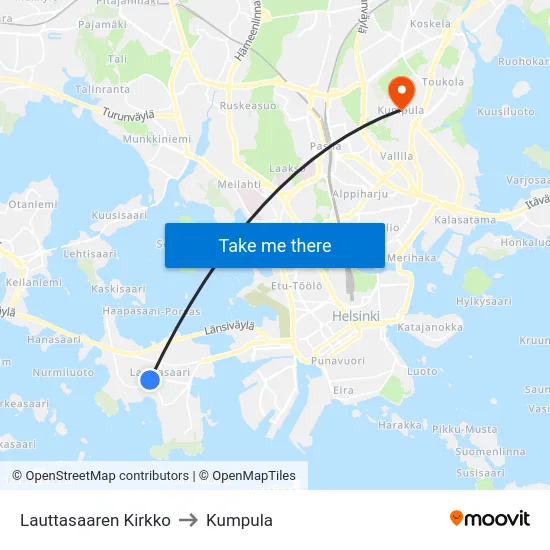 Lauttasaaren Kirkko to Kumpula map