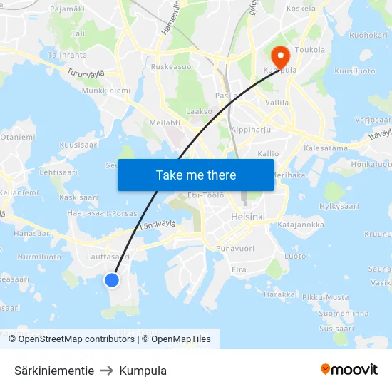 Särkiniementie to Kumpula map