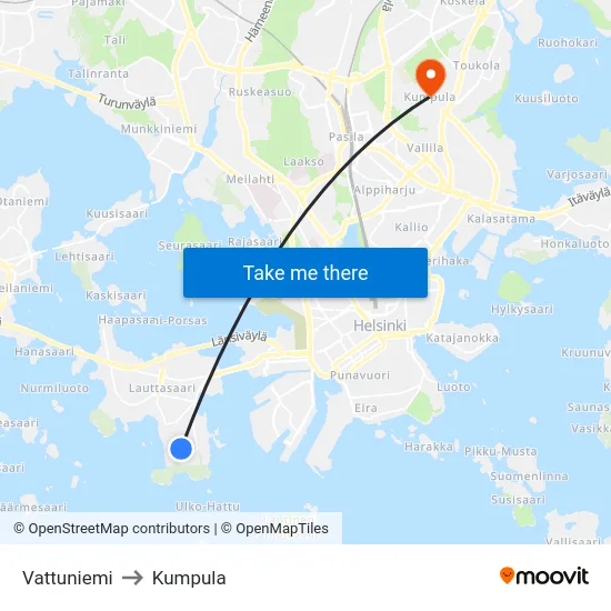 Vattuniemi to Kumpula map