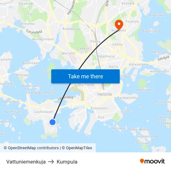 Vattuniemi Alley to Kumpula map